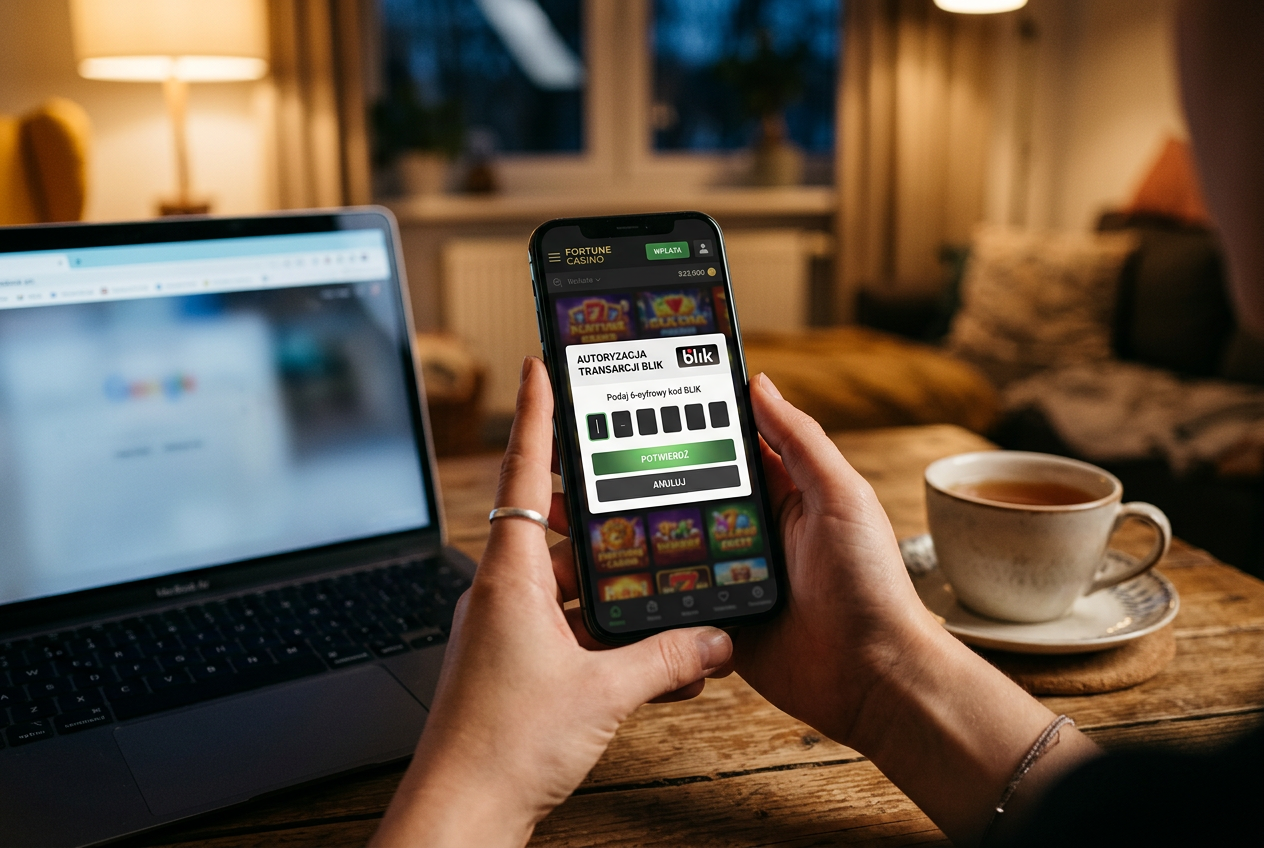 Person confirming a BLIK transaction on a smartphone for an online casino deposit.