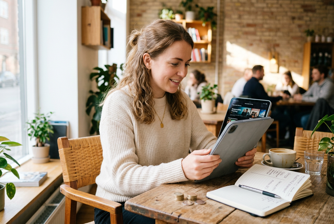 A person relaxing with a tablet and a coffee, managing a small entertainment budget