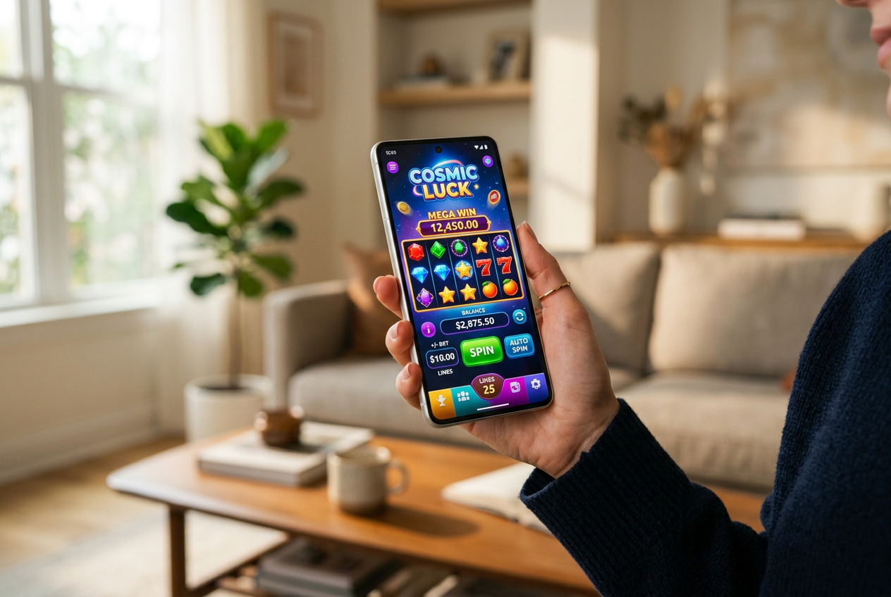 Modern smartphone displaying a vibrant online casino interface with a slot machine game.