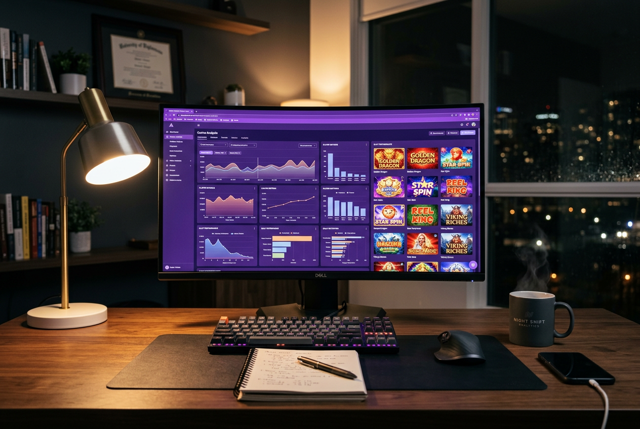 A professional desk setup with a laptop showing casino statistics and review charts
