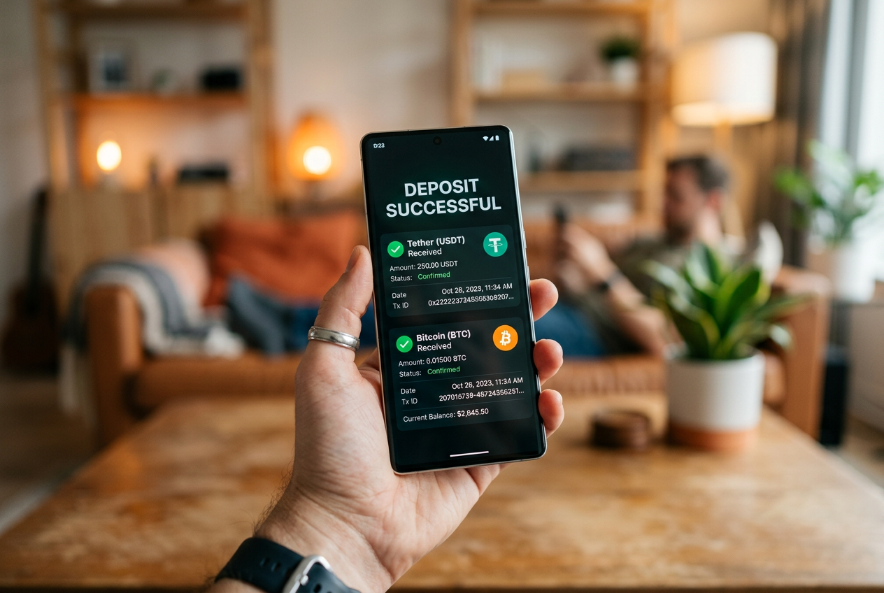 Close-up of a smartphone screen confirming a secure cryptocurrency transaction for an online platform